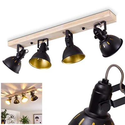 Immagine di lampada a soffitto Tina, faretto 4 luci in metallo nero oro e legno, retrò, x E14, le teste delle lampade possono essere ruotate orientate, senza lampadina/e