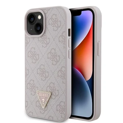 Immagine di GUESS GUHCP15SP4TDPP Custodia rigida per iPhone 15 da 6,1&quot;, in pelle, 4G, con triangolo di strass, colore: Rosa
