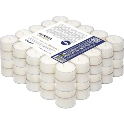 Immagine di Horeca Candles 100 Lumini Tealight Candele Bianche Durata 8 ore Inodore, Non Profumate Set da Pezzi Tè Luci Bicchiere di Plastica Trasparente