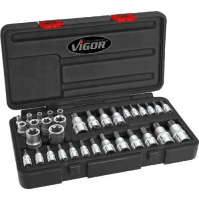 Immagine di VIGOR V1781 Set bussole 34 con foro 1/2, 1/4, 3/8 Adapter Volvo, straight for V4385 Quadrato