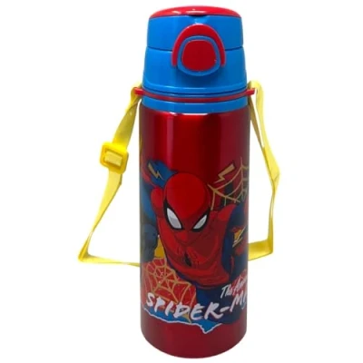 Immagine di Borraccia in alluminio con cannuccia Spiderman Marvel 730 ml bottiglia apertura automatica pop up per bambini tracolla dotazione