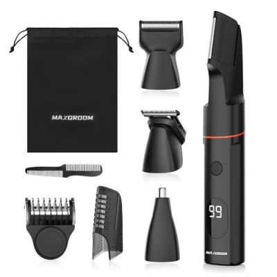Immagine di MAXGROOM 4 in 1 Kit Rasoio Elettrico Corpo Uomo, Regolabarba Uomo Depilatore Ricaricabile per Taglia Parti Intime, Capelli, Barba, Peli Naso, Impermeabile IPX6 con Uso Umido e Asciutto Display a LED