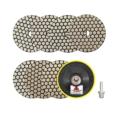 Immagine di Diamantato Tamponi di Lucidatura Secco 100mm 7pezzi Grana 50/100/200/400/800/1500/3000 con M14 Platorello+Adattatore Granito Marmo Pietra Artificiale Quarzo per Smerigliatrice Angolare SANLEETEK