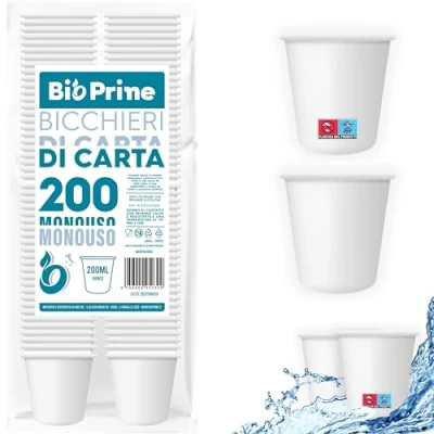 Immagine di 200pz Bicchieri Acqua in Carta 200ml Biodegradabili Per Bevande Calde, e Bibite Usa Getta.