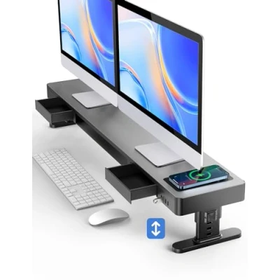 Immagine di meatanty Supporto per doppio monitor con 4 altezze regolabili, tappetino di ricarica automatico telefono, porte USB, alzata computer cassetti, organizer da scrivania in metallo,