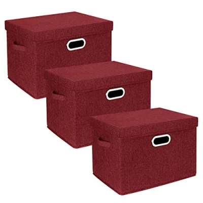 Immagine di TYEERS Grandi Scatole Portaoggetti, in Tessuto, Pieghevole, con Coperchio, 44x30x29 cm, Set di 3, Vino Rosso