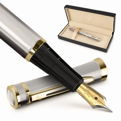 Immagine di Wordsworth &amp; Black Set di penne stilografiche, Medio Nib, include 6 cartucce d&#039;inchiostro e un convertitore ricarica inchiostro, confezione regalo, calligrafia, a scrittura liscia [argento