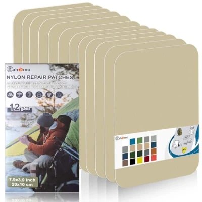 Immagine di Toppe autoadesive in Nylon, 12 Pezzi 20X10 cm Cahomo toppa adesiva per tessuti, Patch di riparazione impermeabile, piumino, tenda, sacco a pelo Giallo Beige