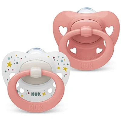 Immagine di NUK Signature ciuccio 0 6 mesi Calma il 95% dei bambini Succhietti a forma di cuore in silicone senza BPA Custodia compresa Cuori rosa 2 pezzi