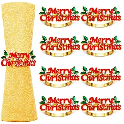 Immagine di KAHEIGN 8 Pezzi Portatovaglioli di Natale, Oro Merry Christmas Fibbia per Tovaglioli Natale con Strass Pranzo Ringraziamento Tavolo Decorazione (6cm x 2,5cm)