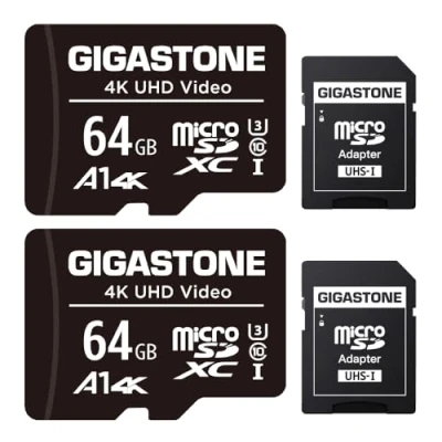 Immagine di GIGASTONE Scheda di Memoria Micro SDXC da 64 GB e Adattatore SD, Set 2, A1 U3 4K, Fino a 90 MB/s Lettura, 30 Scrittura per Videocamere Tavoletta Dashcam GoPro Canon Nikon DJI Drone