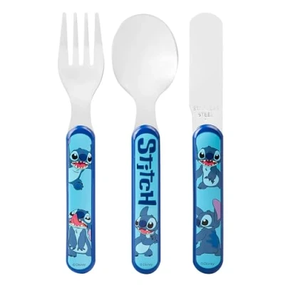 Immagine di Stitch Set di posate da 3 pezzi, in metallo, con coltello, forchetta e cucchiaio, riutilizzabili, per bambini, acciaio inox plastica ABS, bambini dai 12 mesi su