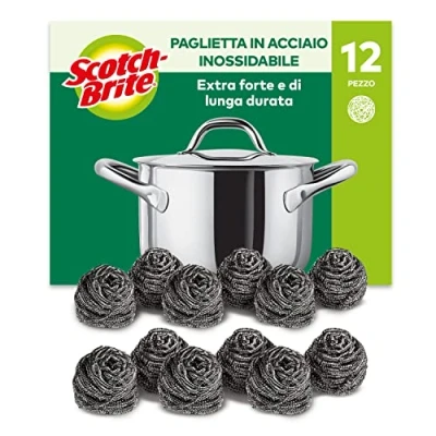 Immagine di Scotch Brite Paglietta in Acciaio Inossidabile, Confezione da 12 Pezzi Per una Pulizia Potente ed Efficace