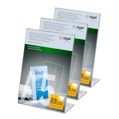 Immagine di SIGEL TA212 Porta avvisi da tavolo / brochure banco, con base a L, acrilico, per A5, 3 pz