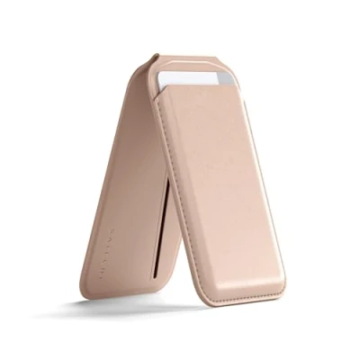 Immagine di Satechi MagSafe Portafoglio, Portafoglio Magnetico in Pelle Vegana per iPhone con 4 Scomparti Carte, NFC Pass Through, Supporto 16,iPhone 15,iPhone 14, 13, 12 Desert Rosa