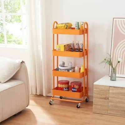 Immagine di [en.casa] Carrello da Stoccaggio in Acciaio con 4 Contenitori Sovrapposti e Ruote Organizzatore Multiuso per Casa Ufficio Garage Arancione