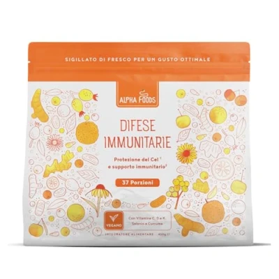 Immagine di Integratore Difese Immunitarie in Polvere 450 g con Vitamina C, D e K2, Quercetina, Camu, Curcuma, Zenzero, Selenio, Zinco, Echinacea NAC Supportare il Sistema Immunitario Alpha Foods