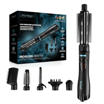 Immagine di Revamp Spazzola ad Aria Progloss Airstyle 6 in 1, Phon Capelli, Rotante, Arriccicapelli e Diffusore, Accessori Intercambiabili, Getto Ionico, Regolabili Calore Velocità