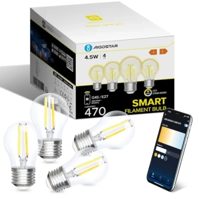 Immagine di Aigostar Lampadine Alexa, Led E27 Vintage, G45 Transparente Filamento a Globo, 4.5W, 470LM, Bianco Caldo Dimmerabile 2700K 6500K, Compatibile con Alexa e Google Home, 4 Unità