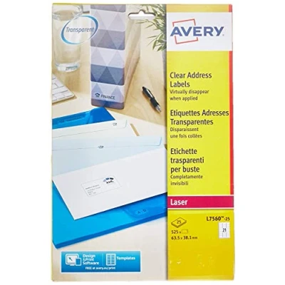 Immagine di Avery L7560 25 Etichette per buste stampante laser, 63,5 x 38,1, colore: Trasparente, confezione da