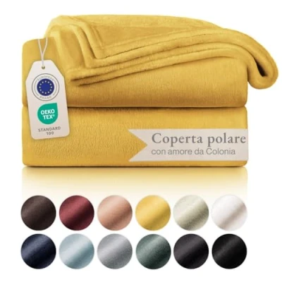 Immagine di Blumtal coperta pile 150x200cm plaid divano super morbida certificata OKEO Tex winter blanket in ocra