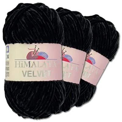 Immagine di Wohnkult Himalaya Velvet Dolphin Gomitolo di lana per lavorare a maglia, ciniglia soffice, accessori, indumenti e coperte, 40 colori scelta, 3 pezzi da 100 grammi l’uno (90011 nero)