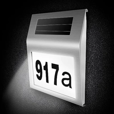 Immagine di COEKI Numero civico in acciaio inox solare illuminato A 2 LED con interruttore crepuscolare IP65 impermeabile all&#039;aperto numeri 0 9 e lettere H
