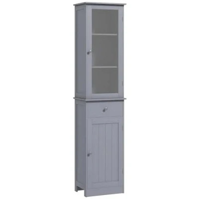 Immagine di kleankin Mobile Colonna Bagno, Mobiletto Bagno Salvaspazio con Ante Trasparente, Armadietto, Cassetto e Ripiani Regolabili in MDF, 40x27x171.5 cm, Grigio