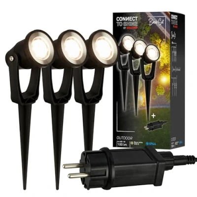Immagine di Briloner Sistema da giardino Connect to Shine 12V, set di 3 faretti LED con picchetto, base trasformatore, IP65, luce bianca calda, illuminazione giardino, 22,5x6x5 cm, nero