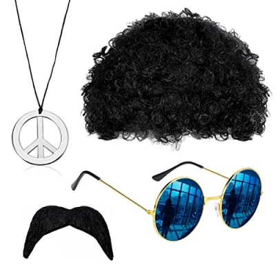 Immagine di VIKSAUN Set di Costumi Hippie, Parrucca Afro, Funky Occhiali Sole, Collana con Segno Pace, Baffi Finti Autoadesivi, per Carnevale Festa a tema, Tema Anni 50/60/ 70 (4 Psc)
