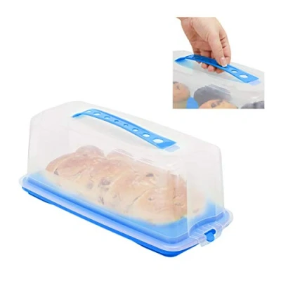 Immagine di Relaxdays Contenitore per Dolci, Rettangolare, con Manico, Plum Cake &amp; Torte HxLxP: 15 x 37 16 cm, Blu/Trasparente