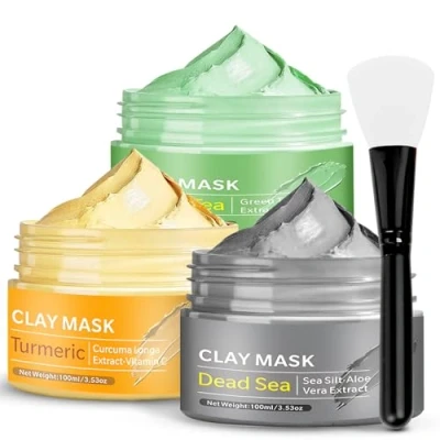 Immagine di 3 Pezzi Maschera Viso all&#039;argilla, Curcuma, Tè Verde, Fango Mar Morto per Pulizia e Restringimento dei Pori, Rimozione Punti Neri, Idratante, Esfoliante, 300g