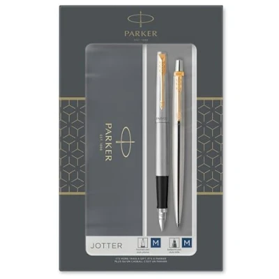 Immagine di Parker Jotter Duo Set con Penna a Sfera e Stilografica in Acciaio Inox Finiture Oro, Confezione Regalo