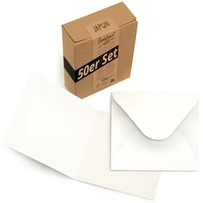 Immagine di Japun set di 50 biglietti pieghevoli quadrati vuoti incluse buste, per la progettazione, l&#039;etichettatura o stampa bianco