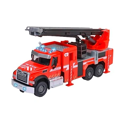 Immagine di Majorette Camion dei pompieri Mack Granite completamente attrezzato per bambini, con scala estraibile (35 cm), cestino, pneumatici in gomma, luce blu e sirena