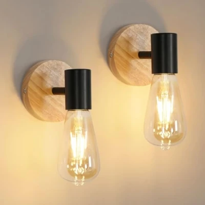 Immagine di Comely 2 Pezzi Applique da Parete Interno in Legno, Vintage Lampada Parete, E27 a Muro Illuminazione Interni per Camera Letto, Soggiorno, Corridoio, Nero (Lampadina non Inclusa)