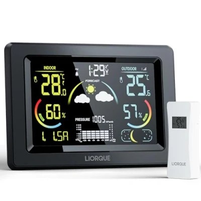 Immagine di LIORQUE Stazione Meteo con Sensore Esterno, Display a colori LCD VA, Sveglia, Fase Lunare, Previsioni Meteo, Data,Retroilluminazione Regolabile, Igrometro
