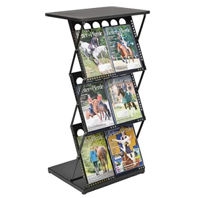 Immagine di DISPLAY SALES Porta depliant da Terra nero Banco mobile pieghevole in metallo con 3 ripiani per cataloghi, volantini o opuscoli Utilizzabile anche come leggio