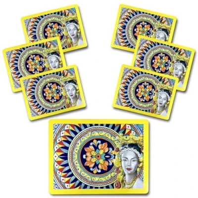 Immagine di ARCA, Set di 6 Tovagliette Rettangolari in MDF, per Persone, con Base Sughero, Ideali la Tavola, Resistenti e Durature, Decorazione Caltagirone, 30x40 cm