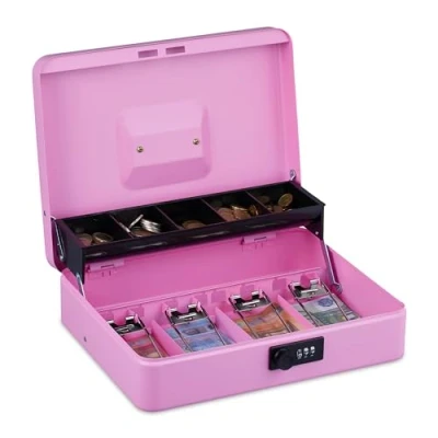 Immagine di Relaxdays Cassetta con Combinazione Numerica a 3 Cifre, Porta Soldi Inserto per Monete e 4 Scomparti, Ferro, Rosa, 8,5 x 30,5 24,5 cm