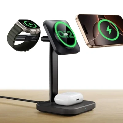 Immagine di ESR Stazione di ricarica wireless Qi2 3 in 1, Caricatore per Apple Watch [certificato] e AirPods, Supporto MagSafe 15W iPhone 16/15/14/13, Airpods 4, Nero