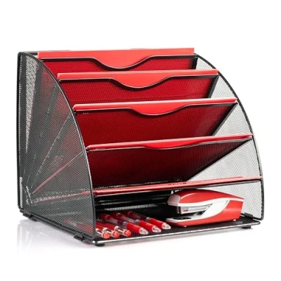 Immagine di AMECO Vaschetta Portalettere in Metallo con 6 Scomparti Portadocumenti a Forma di Ventaglio per Organizer da Scrivania Ufficio 27,5 x 33 cm Nero