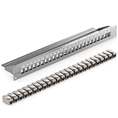 Immagine di deleyCON 24 Porto CAT7 Pannello Patch SET Campo Delle di Distribuzione Modulare 1 IU 19&quot; Pollici Montaggio Rack + 24x CAT 7 Keystone Moduli RJ45 10 Gbit/s 600 MHz Cavi Posa Grigio