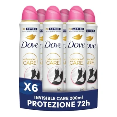 Immagine di Dove Deodorante Spray Advanced Care Invisible Care, con Formula Idratante e Delicata sulla Pelle, Anti macchia, Pelle Asciutta Fino a 72 Ore, Uomo Donna, 6 Pezzi da 200ml