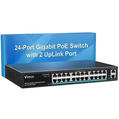 Immagine di VIMIN Switch PoE Gigabit a 24 Porte con 2 Porta di Collegamento Gigabit, Ethernet non Gestito 26 Alimentazione 320W, Supporto IEEE802.3af/at, VLAN, Involucro in Metallo