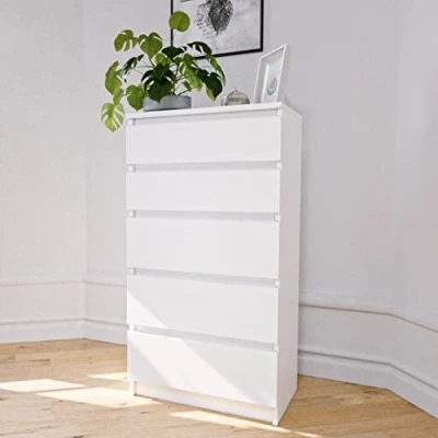 Immagine di Home Collective Cassettiera bianca con cinque cassetti, camera da letto, corridoio, comodino, armadio, credenza, larghezza 60 cm, altezza 112 cm