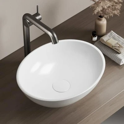 Immagine di EMKE Lavabo da appoggio ovale 41,5 x 33,5 13 cm, in ceramica per bagno e WC ospiti, Mini Piccolo, Bianco