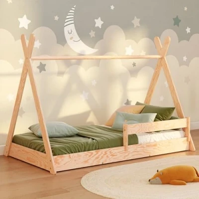 Immagine di smartwood Lettino bambino a terra TIPI F 80x160 con rete doghe e sponda Letto Montessori bambini Casetta per ragazzi ragazze Singolo in compensato di pino 160x80 Legno naturale