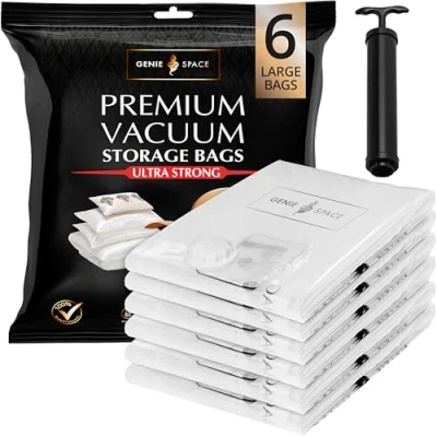 Immagine di GENIE space Incredibly Strong Premium Saving Vacuum Bags Storage Airtight &amp; Reusable Create 80% more For Clothes, Towels, Bedding, Duvets and more. (Grande (6pz))