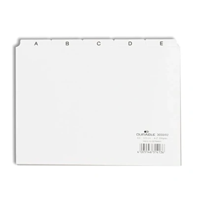 Immagine di Durable 365002 Divisore alfabetico per schedario, f.to A5, con etichette prestampate (A Z), bianco, confezione da 25 pezzi